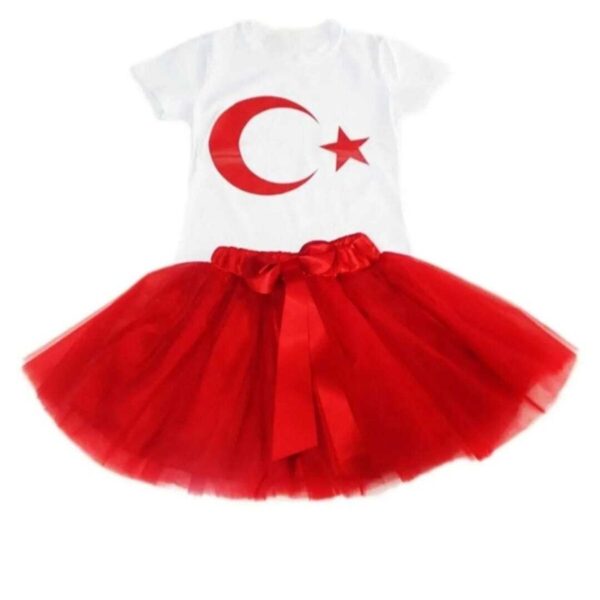 Kız Çocuk 23 Nisan 29 Ekim Gösteri Kıyafeti Ayyıldız Kısa Kol Beyaz T-shirt Tütü Etek Takım