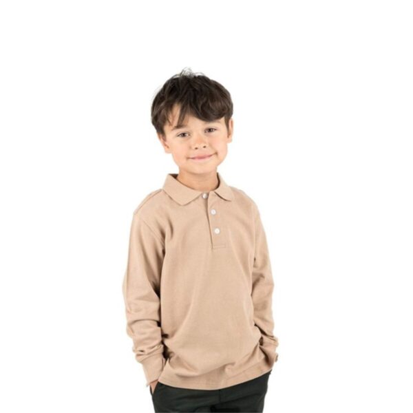 Çocuk Polo Yaka Uzun Kollu Taş Rengi Bej Tişört Pamuklu Polo Yakalı Çocuk Tshirt